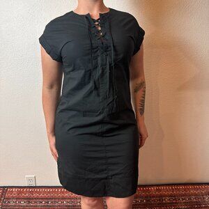 J. Crew Lace Up 100% Cotton Shirt Dress Black Ren Fair Short Sleeve Size M
